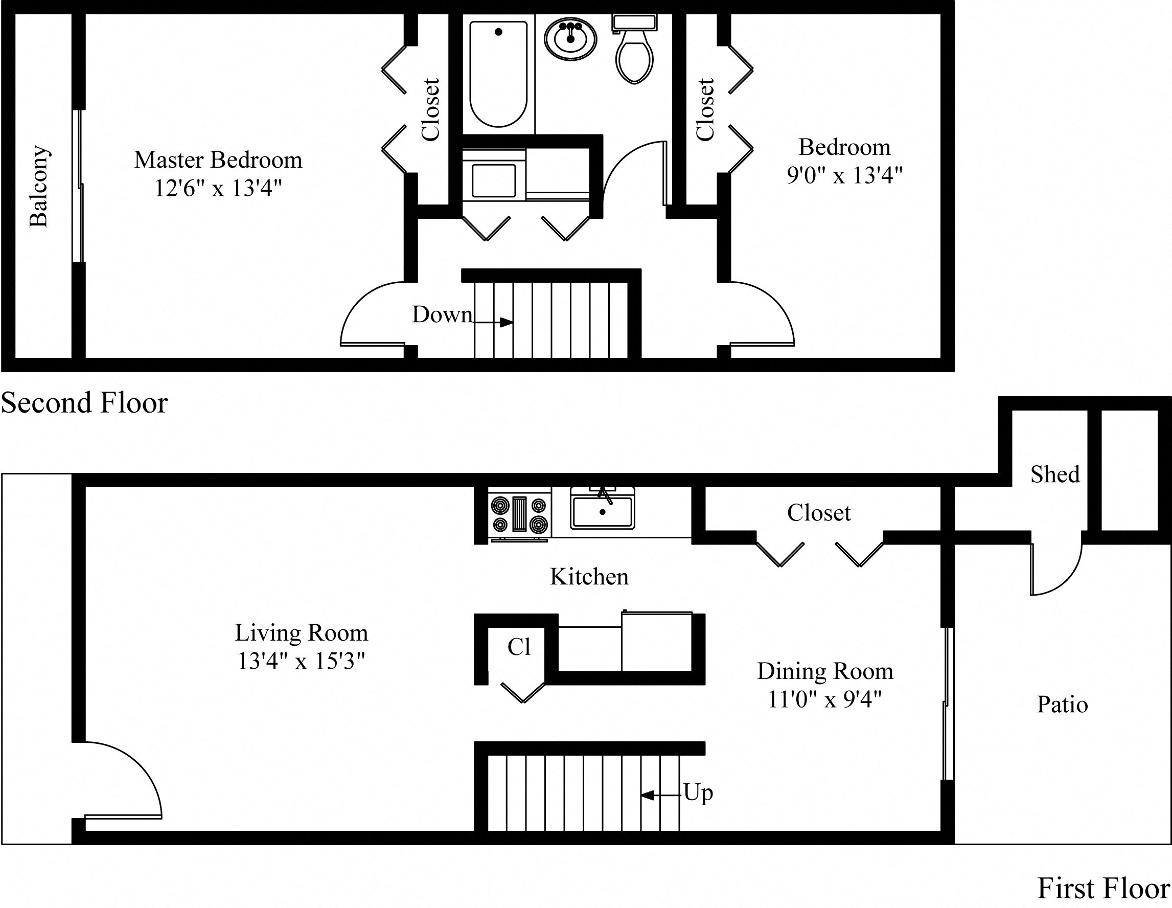 Floor plan for 2 beds, 1 bath, 935 sqft
